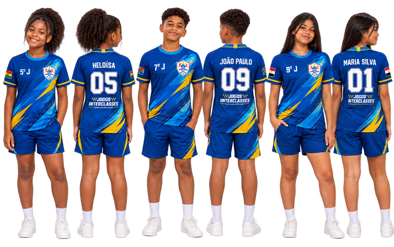 Três estudantes fictícios mostrando a frente e o verso do uniforme dos Jogos